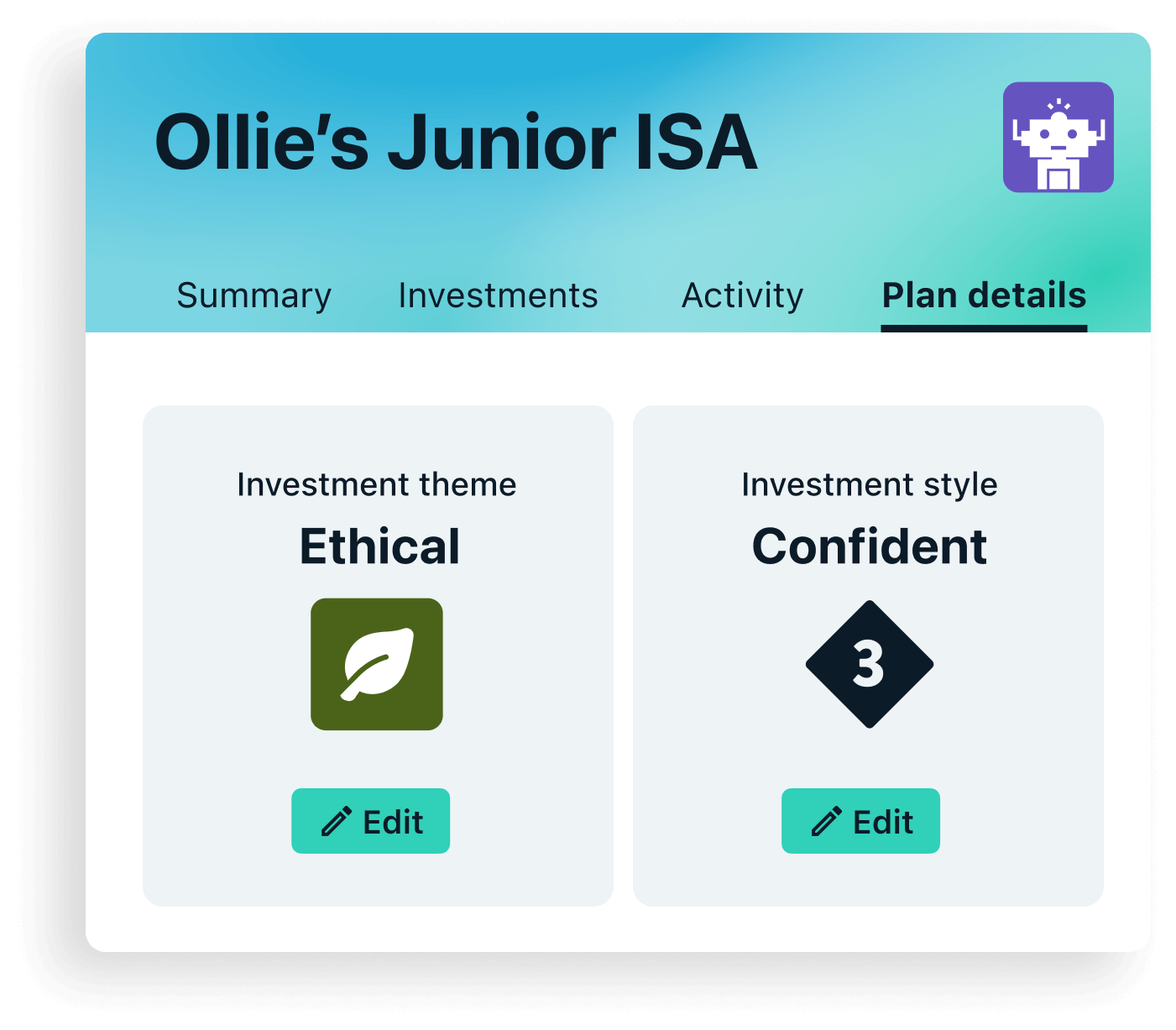 An example Wealthify ethical Junior Stocks and Shares ISA plan with a confident investment style.