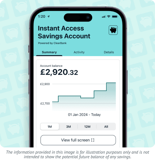 The summary section of your Instant Access Savings Account includes information on your account's balance over different time periods. Information provided in this image is for illustration purposes only and is not intended to show the potential future balance of any savings.