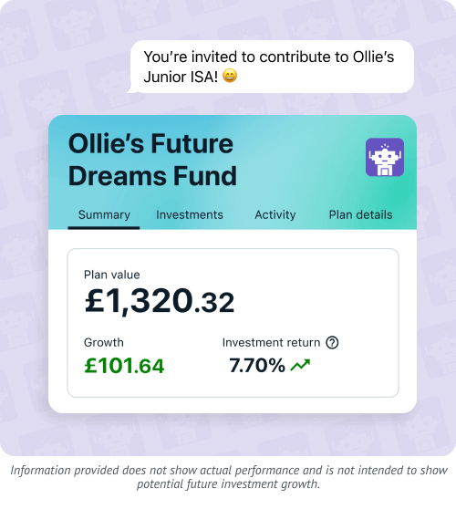An example of a Junior ISA contributor transferring money into a child's JISA account to contribute to 'Ollie's Future Dreams Funds'