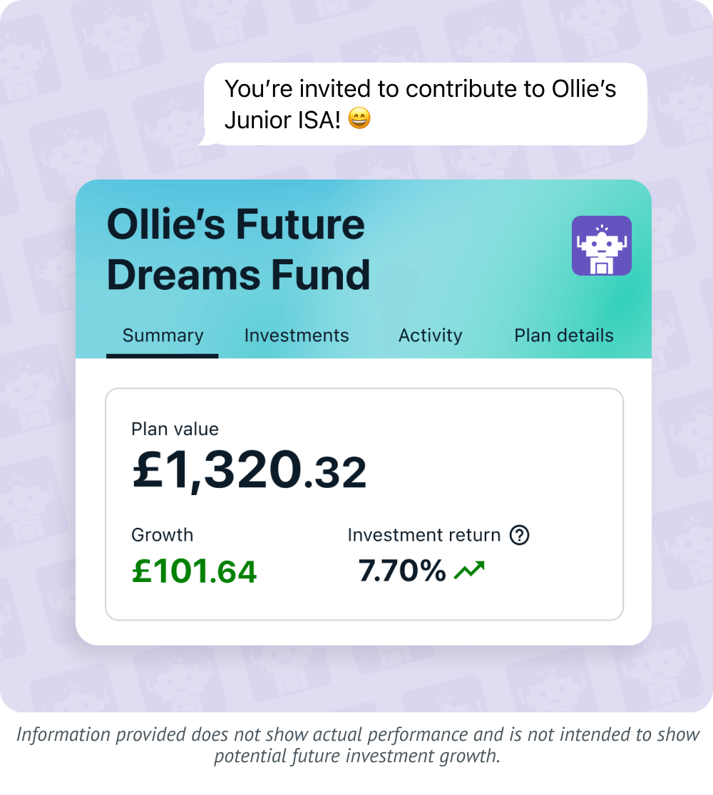 Wealthify plans on dashboard showing a Junior ISA. Information in the image provided does not show actual performance and is not intended to show potential investment growth.