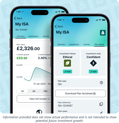 Two Wealthify ISA Plan views, one showing plan value summary and second showing plan details. Information provided in this image does not show actual performance and is not intended to show potential investment growth.