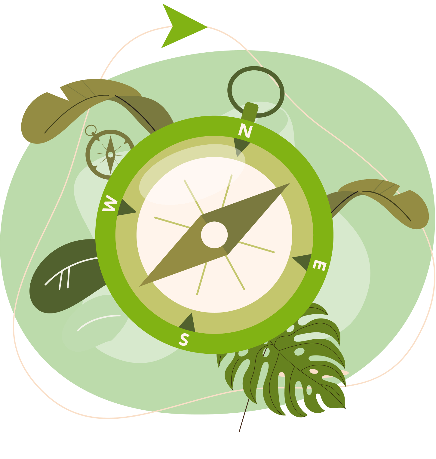 An illustration of a compass with green leaves sprouting out of it.