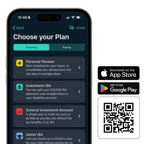 A phone displaying four of Wealthify's product plans, such as Personal Pension, Investment ISA, GIA and JISA. Alongside the phone, there's a QR code which takes you to the app store.