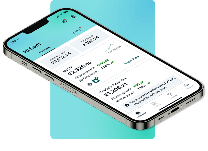 A phone in a titled position, displaying an example Wealthify Stocks and Shares ISA account and JISA account.