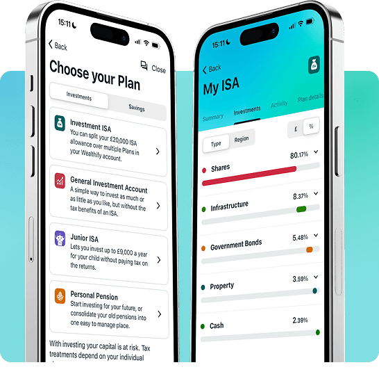 Two phones side by side, the one on the left displays the four types of investment products Wealthify offer (Investment ISA, GIA, JISA and SIPP), and the one on the right shows an example breakdown of the types of investments Wealthify invest in.