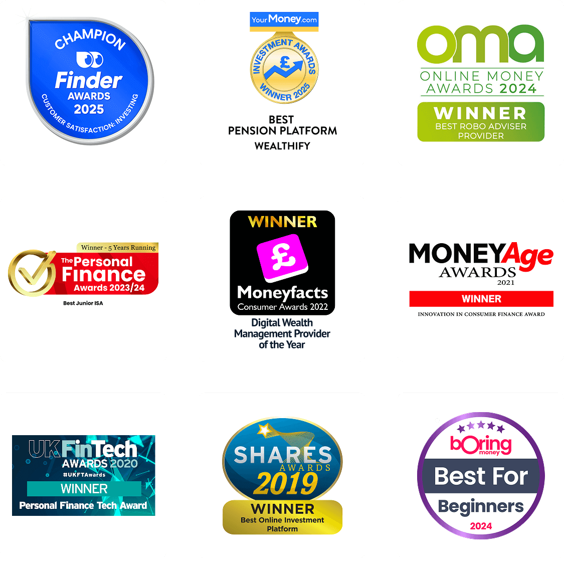 A collection of some of Wealthify's awards over the years