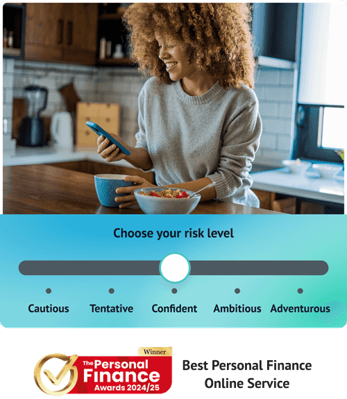 A woman standing in her kitchen looking down at her phone and smiling. Below shows Wealthify's 5 risk levels and an award for Best Personal Finance Online Provider 3 years running at the Personal Finance Awards 2025