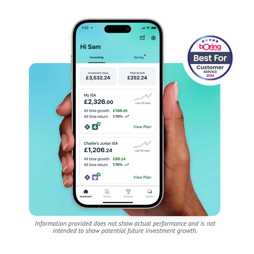 A hand holding up a phone which displays a typical Wealthify Stocks and Shares ISA plan