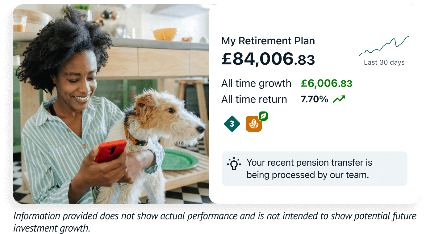 Person smiling while looking at her Wealthify app, whilst an overlay depicts her pension balance and grwoth