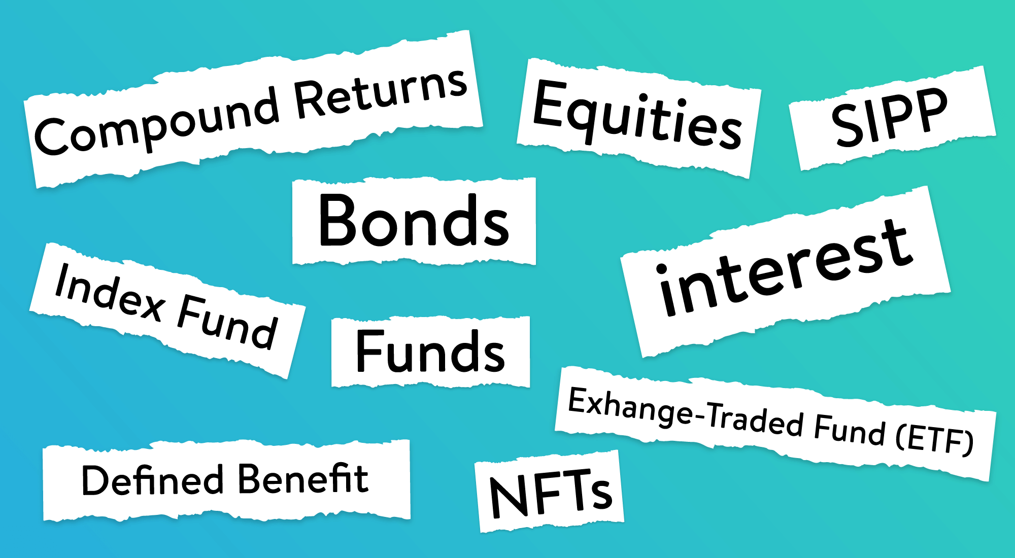 Common investing terms on a blue-green gradient background