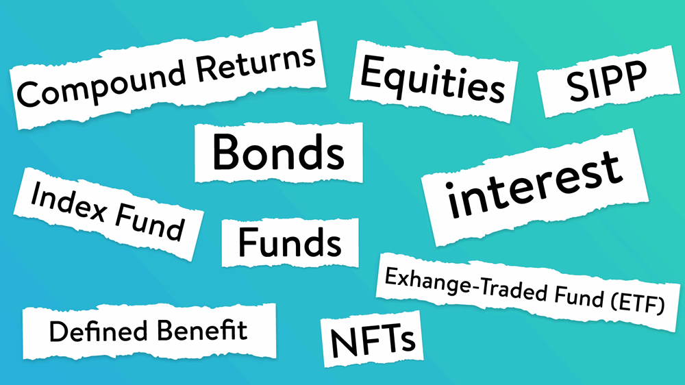 Common investing terms on a blue-green gradient background