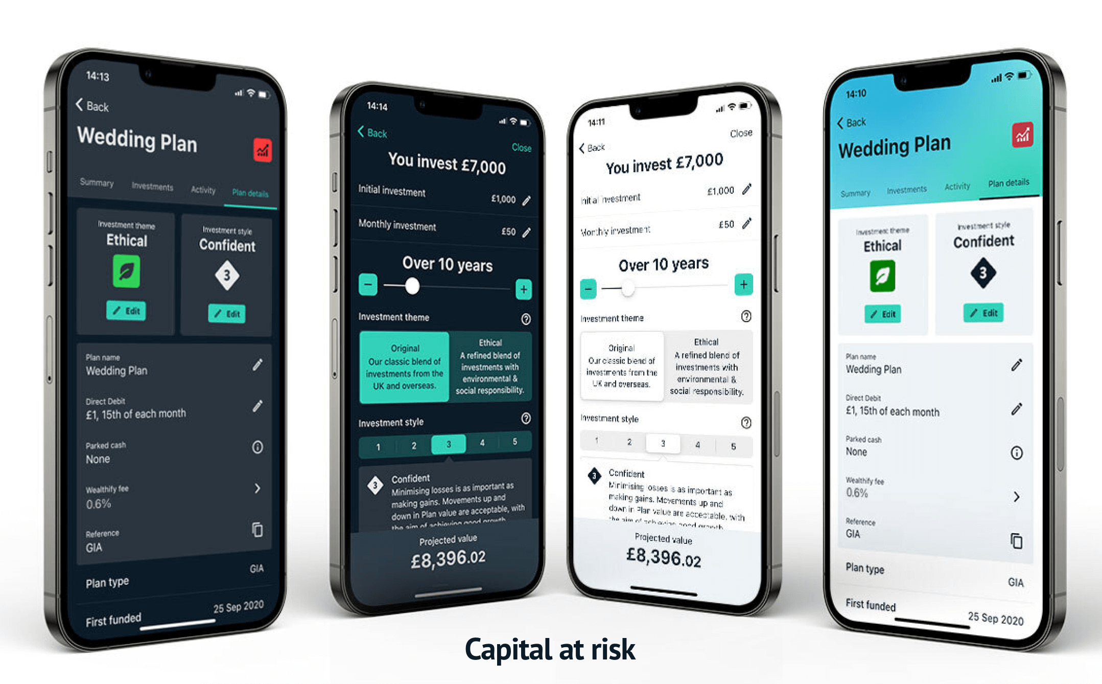 Different views of the Wealthify app on various phones
