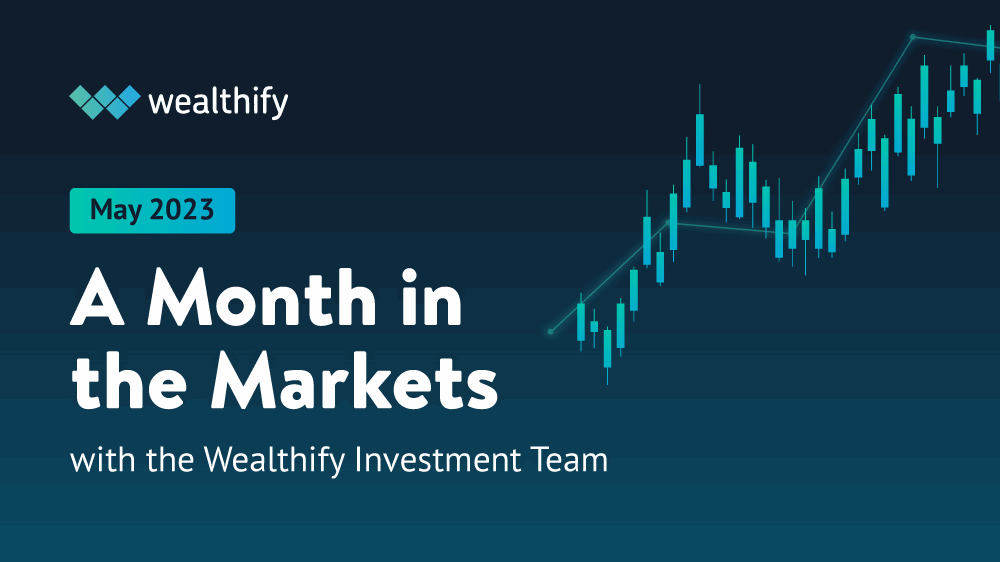 The text 'A month in the markets' written on a blue background