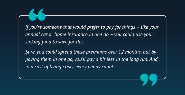 Quote card that says: "If you’re someone that would prefer to pay for things – like your annual car or home insurance in one go – you could use your sinking fund to save for this. Sure, you could spread these premiums over 12 months, but by paying them in one go, you’ll pay a bit less in the long run. And, in a cost of living crisis, every penny counts."