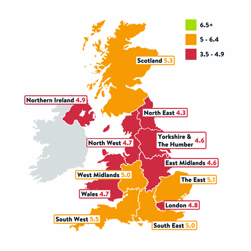 Heat map showing the average score per region of the UK