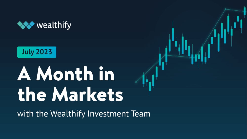 The text 'A month in the markets' written on a blue background