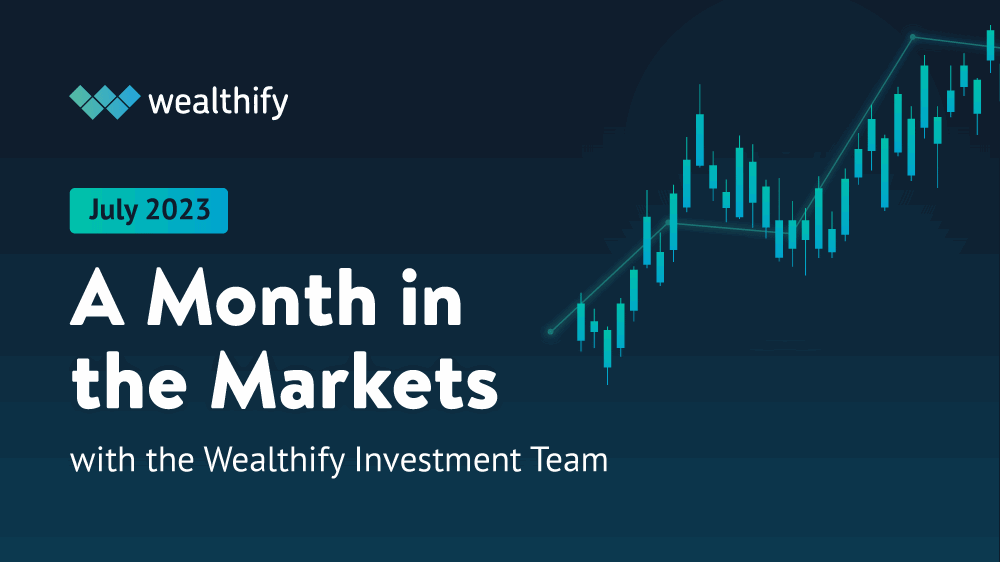 The text 'A month in the markets' written on a blue background
