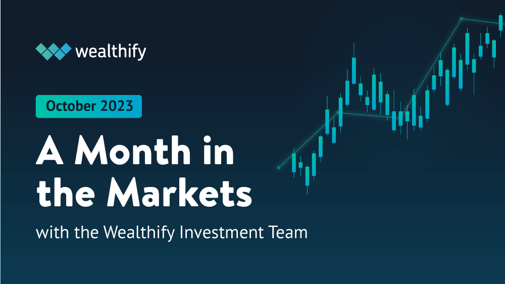 The text 'A month in the markets' written on a blue background