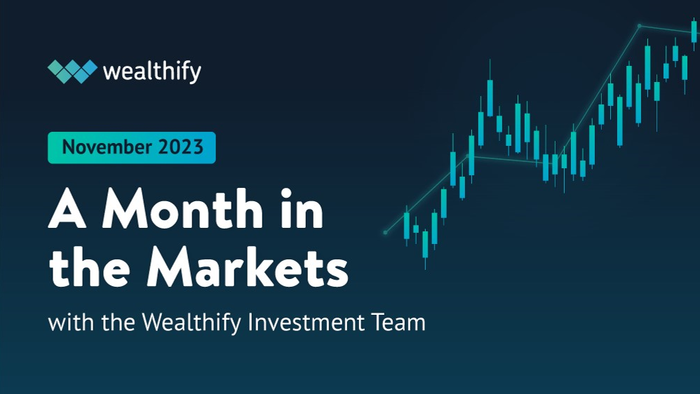 The text 'A month in the markets' written on a blue background