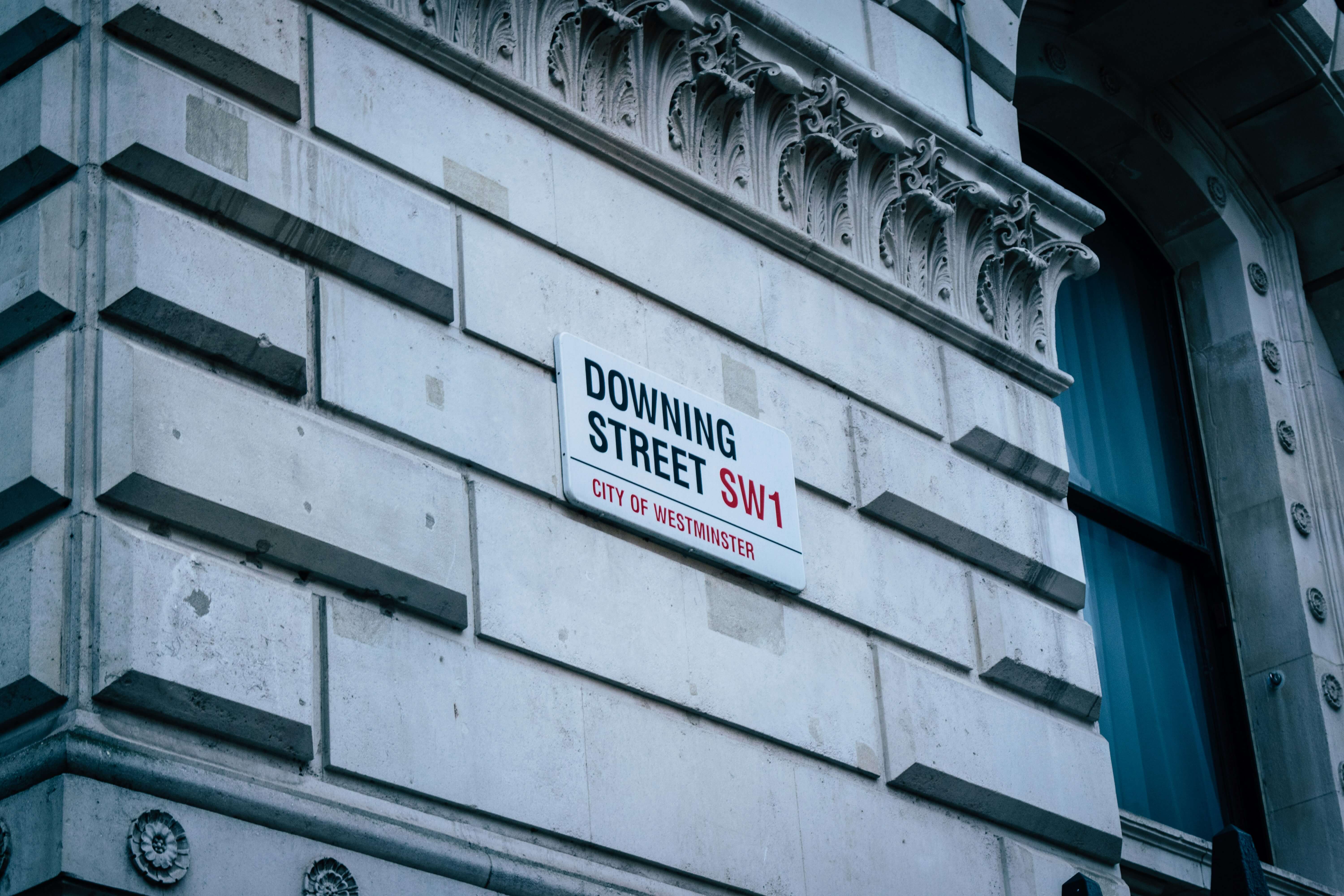 A grey brick wall with a street sign saying Downing Street on it