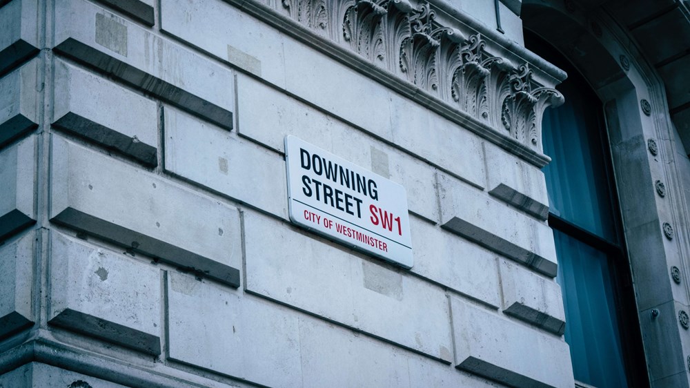 A grey brick wall with a street sign saying Downing Street on it