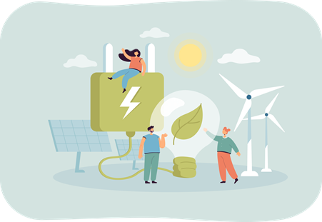 an illustration representing green energy. A woman sits on top of a green plug connected to a slight bulb with a leaf in the middle. There are wind turbines and solar panels in the background.