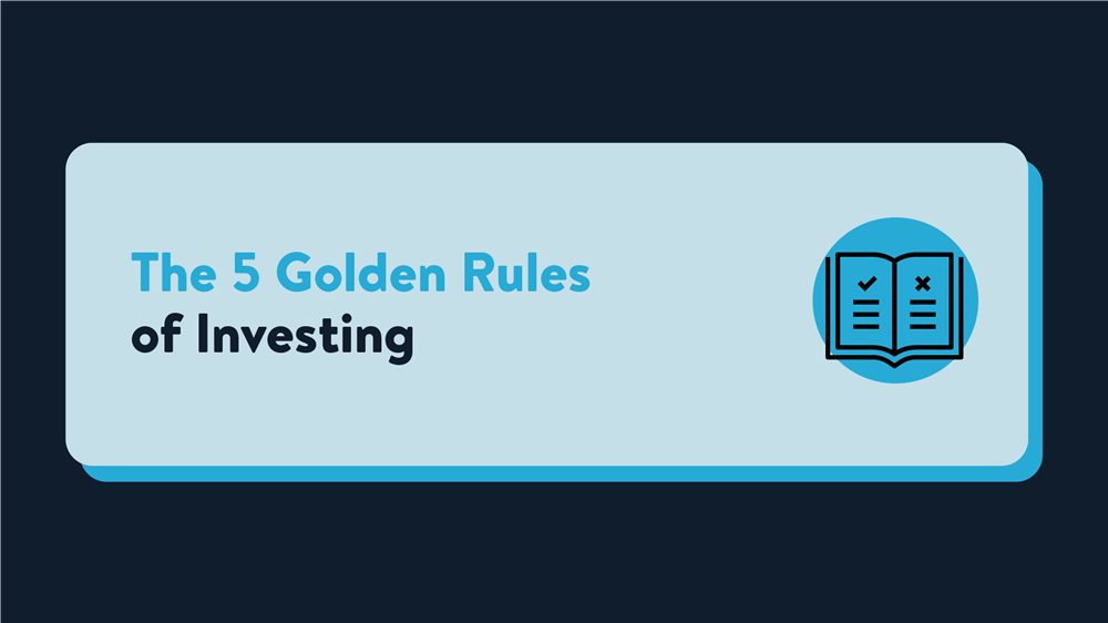 A light blue plaque on a dark blue background that reads 'The 5 golden rules of investing' next to an icon of an open book | Wealthify.com