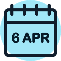 A light blue circle with an icon of a calendar flipped open to read 6 April