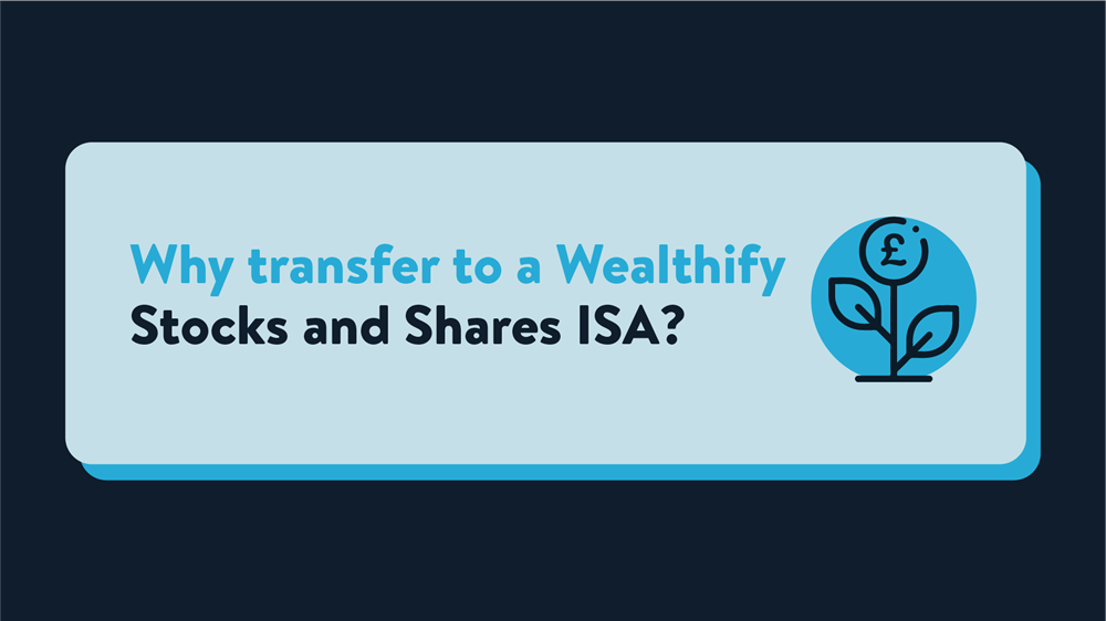 A light blue rectangle with the words Why transfer to a Wealthify Stocks and Shares ISA? Next to this is an illustration of a seedling, where the top leaf is a pound coin.
