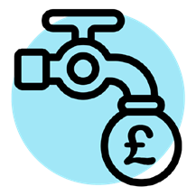 An icon of a faucet/tap with a pound coin dripping from the spout.
