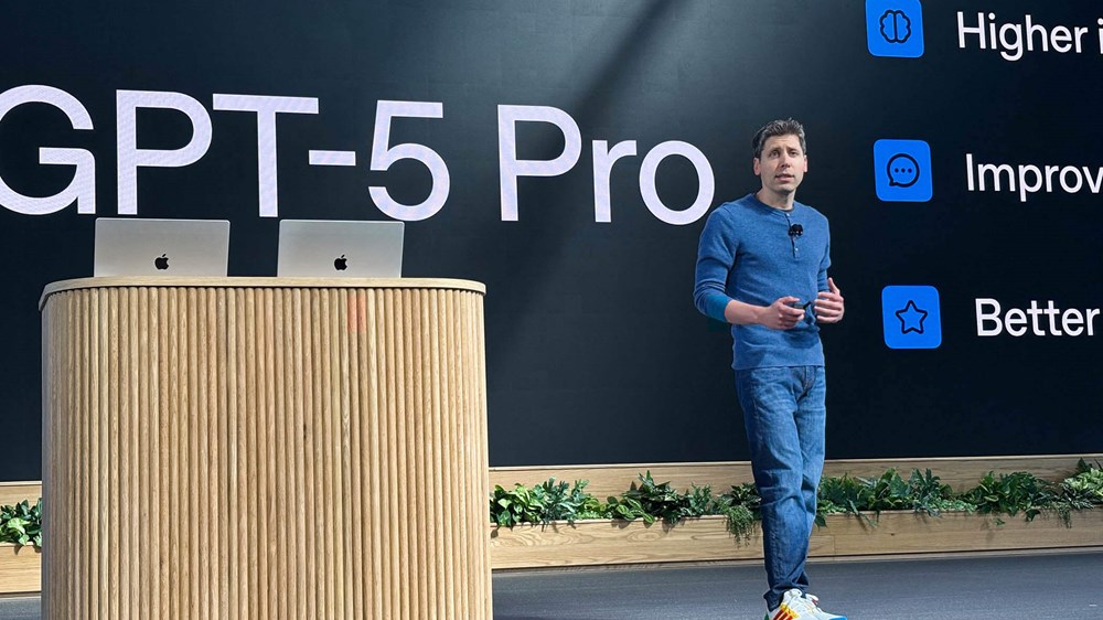 Sam Altman, the CEO of OpenAI, talking at an event about the new ChatGPT-5 Pro release.