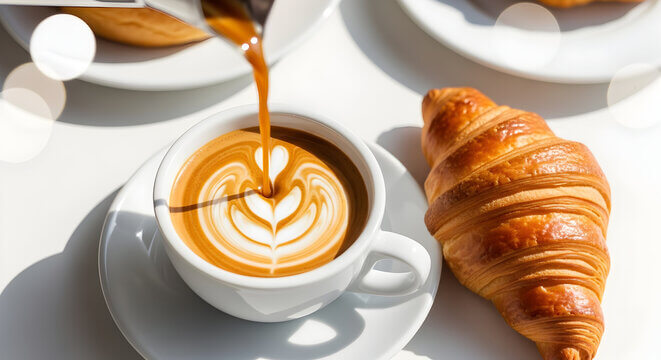 latte being poured into a cup next to a croissant